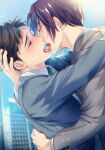  2boys black_hair black_jacket brown_eyes brown_hair closed_eyes couple french_kiss grey_jacket hand_on_another&#039;s_head jacket kiss male_focus multiple_boys original saliva shiny shiny_hair short_hair tongue tongue_out xxxxchild yaoi 