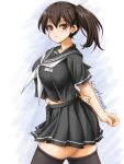  1girl akimoto_dai alternate_costume arms_behind_back artist_name black_legwear black_sailor_collar black_serafuku black_skirt brown_eyes brown_hair commentary_request dated highres kaga_(kancolle) kantai_collection long_hair name_tag neckerchief one-hour_drawing_challenge pleated_skirt sailor_collar school_uniform serafuku short_sleeves side_ponytail skirt solo thighhighs white_neckerchief 