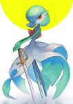  closed_mouth colored_skin commentary_request gardevoir gen_3_pokemon green_hair hands_together highres holding holding_sword holding_weapon kikuyoshi_(tracco) looking_at_viewer pokemon pokemon_(creature) red_eyes reflection signature solo standing sword weapon white_skin 