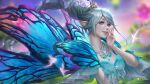  1other blue_eyes blue_wings blurry blurry_background butterfly_wings dress final_fantasy final_fantasy_xiv floating_hair jewelry lisa_buijteweg long_hair necklace pointy_ears silver_hair smile solo tiara titania_(final_fantasy) wings 