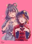  2girls :d :o bangs belt blue_dress blue_eyes blue_hair bow bowtie breasts cabbie_hat collarbone cropped_torso dated dress eyebrows_visible_through_hair finger_heart flat_chest flower hair_ornament hair_rings hair_stick hat hat_ornament head_tilt heart heart-shaped_pupils jiangshi kaku_seiga long_hair looking_at_viewer m_(neteitai10) medium_breasts miyako_yoshika multiple_girls ofuda one_eye_closed open_clothes open_mouth open_vest pink_background pink_flower purple_bow purple_eyes purple_hair purple_headwear purple_neckwear red_shirt shirt short_hair simple_background smile star_(symbol) star_hat_ornament symbol-shaped_pupils touhou upper_body vest white_vest wide_sleeves 