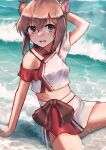  1girl brown_eyes brown_hair chinese_clothes commentary cowboy_shot double_bun highres kantai_collection looking_at_viewer midriff multicolored multicolored_clothes owada_(kousonhuchi) ribs shirt short_hair sitting skirt sleeveless sleeveless_shirt solo tan_yang_(kancolle) translated waves white_skirt yukikaze_(kancolle) 