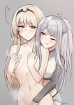  2girls ;q ak-12_(girls&#039;_frontline) an-94_(girls&#039;_frontline) artificial_eye beruko14 blonde_hair blush braid breasts clothed_female_nude_female collarbone covering covering_breasts eyebrows_visible_through_hair french_braid girls&#039;_frontline green_eyes hairband hand_on_another&#039;s_hand highres implied_fingering long_hair long_sleeves looking_at_another mechanical_eye multiple_girls navel nude one_eye_closed out-of-frame_censoring ponytail purple_eyes signature silver_hair small_breasts sweat swimsuit teeth tongue tongue_out yuri 