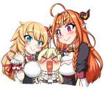  &gt;_&lt; 3girls akai_haato aqua_eyes between_breasts blonde_hair blush blush_stickers braid breasts chibi dragon_girl dragon_horns error girl_sandwich gloves hairband head_between_breasts highres hololive hololive_idol_uniform horns kiryu_coco large_breasts moroyan multiple_girls one_side_up orange_hair pointy_ears purple_eyes sandwiched side_braid tsunomaki_watame virtual_youtuber white_gloves 