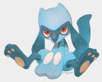  commentary_request full_body gen_4_pokemon hands_together highres kikuyoshi_(tracco) looking_at_viewer pokemon pokemon_(creature) red_eyes riolu signature sitting solo toes 