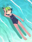  1girl alternate_costume antennae bangs breasts commentary full_body green_eyes green_hair hair_between_eyes highres looking_at_viewer lying lying_on_water one-piece_swimsuit open_mouth short_hair small_breasts solo swimsuit touhou ugif water wriggle_nightbug 