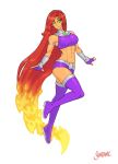  1girl abs absurdly_long_hair absurdres armband artist_name bare_shoulders boots breasts english_commentary fingerless_gloves fire gloves green_eyes highres large_breasts long_hair midriff muscular muscular_female navel parted_lips red_hair shardanic short_shorts shorts simple_background sleeveless solo starfire teen_titans teeth thigh_boots thighhighs very_long_hair watermark white_background 