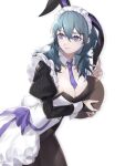  1girl alternate_costume animal_ears apron black_dress black_gloves black_legwear black_leotard blue_eyes blue_hair breasts bridal_gauntlets byleth_(fire_emblem) byleth_(fire_emblem)_(female) center_opening cleavage closed_mouth clovisxvii commentary cowboy_shot detached_collar dress drop_shadow enmaided fake_animal_ears fake_tail fire_emblem fire_emblem:_three_houses fishnet_legwear fishnets frills gloves hair_between_eyes highres holding holding_tray juliet_sleeves large_breasts leotard lips long_sleeves maid maid_apron maid_headdress medium_hair necktie pantyhose playboy_bunny polka_dot_shadow puffy_sleeves purple_neckwear purple_ribbon rabbit_ears rabbit_tail ribbon short_necktie simple_background solo striped sweatdrop tail tray vertical-striped_dress vertical_stripes white_background wing_collar wrist_cuffs 