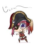  1girl :&gt; chibi covered_navel eyepatch gloves hat highres hololive houshou_marine magnifying_glass moroyan pirate_hat pleated_skirt purple_eyes red_hair skirt smile solo thighhighs twintails virtual_youtuber white_gloves 