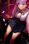  1girl absurdres bb_(fate) black_skirt breasts fate/extra fate/extra_ccc fate_(series) hair_ribbon high-waist_skirt highres large_breasts long_hair long_sleeves neck_ribbon pleated_skirt purple_eyes purple_hair red_ribbon ribbon sanbon_hijiki shirt skirt solo very_long_hair white_shirt 