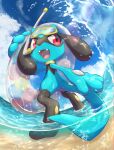  absurdres air_bubble bubble cloud commentary_request day fangs from_below gen_4_pokemon goggles highres holding holding_innertube innertube nullma open_mouth outdoors pokemon pokemon_(creature) riolu sky snorkel solo standing tongue wading water water_drop 