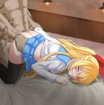  1boy 1girl arm_grab ass blonde_hair blue_sailor_collar blue_skirt blush clenched_teeth closed_eyes clothed_female_nude_male clothes_lift crying cum defloration doggystyle feet_out_of_frame from_side head_out_of_frame hetero highres kirisaki_chitoge long_hair midriff minobey nisekoi nude pleated_skirt rape sailor_collar school_uniform serafuku sex sex_from_behind sheet_grab shirt skirt skirt_lift sweat tattoo teeth thighhighs thighs white_shirt 