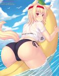  1girl :3 animal_ear_fluff animal_ears ass banana_boat bangs bikini black_bikini blonde_hair blush breasts cat_ears cat_tail english_commentary eyebrows_visible_through_hair facing_away headband highres in_water large_breasts long_hair looking_at_viewer looking_back nottytiffy original patreon_username red_eyes shirt slit_pupils smile solo straddling swimsuit tail thighs tiffy_(nottytiffy) wet wet_clothes wet_shirt 