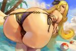  1girl ass beach bent_over bikini black_bikini blonde_hair breasts cynthia_(pokemon) day grey_eyes hair_ornament hair_over_one_eye kazo large_breasts long_hair outdoors poke_ball pokemon pokemon_(game) pokemon_dppt shiny shiny_hair shiny_skin side-tie_bikini skindentation solo swimsuit thighs very_long_hair water 