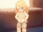  1girl bangs blonde_hair bloomers blurry blurry_background blush camisole child closed_mouth commentary_request contrapposto elf eyebrows_visible_through_hair feet_out_of_frame feral_lemma flat_chest hair_between_eyes hair_over_shoulder hands_on_hips head_tilt highres looking_at_viewer medium_hair midriff navel no_nose original photoshop_(medium) pointy_ears purple_eyes reward_available shadow sidelocks sleeveless smile solo standing tsurime underwear underwear_only 