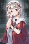  1girl absurdres bangs blurry blurry_background blush brown_eyes closed_mouth collarbone collared_dress depth_of_field dress elf elu_(nijisanji) grey_hair hand_up highres huge_filesize looking_at_viewer neck_ribbon nijisanji ogura_tubuan pointy_ears puffy_short_sleeves puffy_sleeves red_dress red_ribbon ribbon short_sleeves signature smile solo squatting virtual_youtuber 