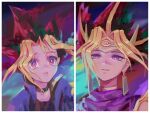  1boy atem bangs belt_collar black_shirt blonde_hair closed_mouth collar commentary crying earrings egyptian eyelashes floating_hair hejia_abby highres jacket jewelry light_smile looking_down looking_up male_focus multicolored_hair mutou_yuugi parted_lips pink_eyes portrait purple_eyes red_hair shirt solo spiked_hair yami_yuugi yu-gi-oh! 