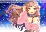  1girl :d arm_up bangs bare_shoulders bow braid braided_bangs breasts brown_eyes brown_hair brown_skirt character_request choker cleavage collarbone commentary_request crescent eyebrows_visible_through_hair floating_hair hair_bow hair_ornament hairclip indie_virtual_youtuber jacket kou_hiyoyo lace_border long_hair long_sleeves looking_at_viewer medium_breasts open_mouth pig_hair_ornament pink_bow pink_jacket plaid plaid_skirt puffy_long_sleeves puffy_sleeves skirt sleeves_past_wrists smile solo very_long_hair virtual_youtuber white_choker 