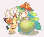  :d blush_stickers brown_eyes commentary_request flower gen_2_pokemon gen_5_pokemon highres kikuyoshi_(tracco) lilligant no_humans number open_mouth orange_eyes orange_flower pichu pokemon pokemon_(creature) signature smile standing toes tongue 