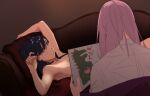  2girls arm_up armpits black_hair blue_eyes closed_mouth clothed_female_nude_female couch dinosaur_costume drawing gridman_universe hand_up highres light_blush long_hair looking_at_another lying multiple_girls nude nude_model on_back on_couch parody pink_hair s9muu scene_reference seigaiha shinjou_akane shirt ssss.gridman takarada_rikka titanic white_shirt yuri 