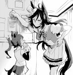  2girls animal_ears bow bowtie eating frilled_skirt frills greyscale hair_bow hair_ornament hairclip hat height_difference high_ponytail highres horse_ears horse_girl horse_tail horseshoe_ornament layered_sleeves long_hair long_sleeves looking_down looking_up mini_hat miniskirt monochrome mr._c.b._(umamusume) multiple_girls official_alternate_costume pleated_skirt puffy_short_sleeves puffy_sleeves sailor_collar sailor_shirt school_uniform shirt short_over_long_sleeves short_sleeves skirt summer_uniform t-shirt tail tail_through_clothes takatsuki_nato thighhighs tokai_teio_(umamusume) top_hat tracen_school_uniform umamusume younger 