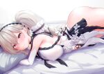  1girl ass azur_lane bare_shoulders black_choker black_neckwear black_sailor_collar bow_dress breasts choker clothing_cutout dress eyebrows_visible_through_hair feather_dress formidable_(azur_lane) formidable_(timeless_classics)_(azur_lane) large_breasts long_hair looking_at_viewer lying navel_cutout nukuiru_susu official_alternate_costume on_bed on_stomach platinum_blonde_hair red_eyes sailor_collar sideboob sleeveless sleeveless_dress solo tears twintails two-tone_dress two-tone_ribbon very_long_hair white_dress 