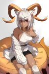  1girl animal_ears arknights beeswax_(arknights) beeswax_(weisser_sand)_(arknights) beeswax_(weisser_sand)_(arknights)_(cosplay) belt black_belt black_shorts breasts cardigan carnelian_(arknights) chinese_commentary cosplay cowboy_shot dark-skinned_female dark_skin english_commentary goat_ears goat_horns gradient gradient_background grey_background hair_between_eyes highres horns looking_at_viewer medium_breasts mixed-language_commentary ni_dgs off_shoulder open_cardigan open_clothes parted_lips red_eyes ribbed_shirt shirt short_hair short_shorts shorts silver_hair simple_background sitting sleeveless sleeveless_shirt smile solo thighhighs thighs white_background white_cardigan white_legwear white_shirt 