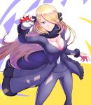  1girl black_coat black_pants black_shirt blonde_hair breasts cleavage closed_mouth coat cynthia_(pokemon) feet_out_of_frame floating_hair from_above fur-trimmed_jacket fur-trimmed_sleeves fur_collar fur_trim grey_eyes hair_ornament hair_over_one_eye highres holding holding_poke_ball jacket large_breasts long_hair looking_at_viewer pants poke_ball poke_ball_(basic) pokemon pokemon_(game) pokemon_dppt r2pi shirt solo very_long_hair 