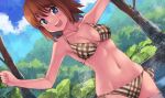  1girl :d akatsuki_miho akemiho_tabi_nikki bangs bikini blue_eyes blue_sky blush bob_cut brown_bikini brown_hair cloud cloudy_sky collarbone commentary dutch_angle foliage forest halterneck highres kouno_hikaru looking_at_viewer nature navel onsen open_mouth outstretched_arms partially_submerged plaid plaid_bikini short_hair side-tie_bikini sky smile solo string_bikini swimsuit tree wading 