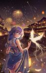  1girl absurdres architecture back bangs bird black_hair blue_dress blue_eyes bridge china_dress chinese_clothes chinese_new_year dress east_asian_architecture feathers fireworks fu_hua fu_hua_(valkyrie_accipter) hair_between_eyes hair_ornament happy_new_year highres honkai_(series) honkai_impact_3rd lantern long_hair looking_at_viewer looking_back nengajou new_year night night_sky open_mouth paper_lantern phoenix ponytail sky sleeveless sleeveless_dress solo star_(sky) teeth water yelan_xing_xuan 
