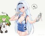  2girls ammunition_pouch bare_shoulders black_hairband blue_bra blue_hair bra breasts camouflage camouflage_bra cleavage collarbone commentary_request drink drink_pouch drinking drinking_straw drinking_straw_in_mouth eyebrows_visible_through_hair girls&#039;_frontline giving green_hair hair_between_eyes hairband holding holding_drink incoming_drink ingerdoll load_bearing_equipment long_hair looking_at_viewer m950a_(girls&#039;_frontline) medium_breasts multiple_girls navel pouch red_eyes scar scar_on_arm scar_on_neck scar_on_stomach tactical_clothes thunder_(girls&#039;_frontline) translation_request underwear upper_body very_long_hair white_hair 