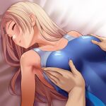  1boy 1girl bare_arms bare_shoulders blonde_hair blue_swimsuit breast_grab breasts closed_eyes collarbone grabbing hair_ornament hairclip hetero huyumitsu large_breasts long_hair lying on_back one-piece_swimsuit original parted_lips sleep_molestation sleeping solo_focus swimsuit upper_body 