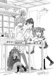  3girls apron blush_stickers chopsticks closed_eyes commentary_request crescent crescent_hair_ornament dated eating folded_ponytail food greyscale hair_ornament headgear highres houshou_(kancolle) ikazuchi_(kancolle) kantai_collection monochrome moroyan multiple_girls mutsu_(kancolle) onigiri plate ponytail school_uniform serafuku short_hair signature sitting slippers smile table under_table uzuki_(kancolle) window 