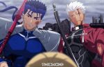  2boys akujiki59 archer_(fate) battle blood blood_from_mouth blue_bodysuit blue_hair bodysuit bow_(weapon) bruise cu_chulainn_(fate) cu_chulainn_(fate/stay_night) dark-skinned_male dark_skin fate/stay_night fate_(series) gae_bolg_(fate) holding holding_bow_(weapon) holding_spoon holding_weapon injury male_focus multiple_boys official_style over_shoulder pectorals ponytail red_eyes short_hair shrug_(clothing) smirk spiked_hair spoon toned toned_male translation_request upper_body weapon weapon_over_shoulder white_hair 