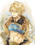  1boy abs ahoge aladdin_(sinoalice) aqua_eyes arabian_clothes armor bare_pectorals blonde_hair breastplate cape eyebrows_visible_through_hair grin looking_at_viewer male_focus parted_lips pectorals short_hair simple_background sino_nb3 sinoalice smile solo 