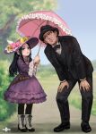  1boy 1girl alternate_costume asirpa black_hair black_headwear black_jacket black_legwear black_neckwear black_pants black_vest blue_eyes blurry blurry_background blush boots bow day dress dress_shirt flower frilled_umbrella golden_kamuy gothic_lolita hands_on_lap hat hat_bow hat_flower high_heel_boots high_heels holding holding_umbrella jacket layered_dress layered_sleeves lolita_fashion long_hair long_sleeves looking_at_viewer medium_dress mitsuya open_clothes open_jacket outdoors pants pantyhose parted_lips pink_flower pink_neckwear pink_umbrella purple_dress purple_headwear rose scar scar_on_cheek scar_on_face shirt sugimoto_saichi sun_hat sweatdrop umbrella vest white_footwear white_shirt wide_sleeves yellow_bow 