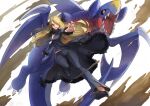  1girl action black_pants blonde_hair breasts cynthia_(pokemon) floating_hair full_body fur-trimmed_jacket fur-trimmed_sleeves fur_collar fur_trim garchomp gen_4_pokemon grey_eyes hair_ornament hair_over_one_eye high_heels highres jacket long_hair looking_at_viewer open_mouth outstretched_arm pants pokemon pokemon_(creature) pokemon_(game) pokemon_dppt takeclaire 