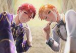  2boys biting blush bow bowtie condom condom_in_mouth glove_biting gloves green_eyes heart heart_eyes highres jacket kibera_(king&#039;s_raid) king&#039;s_raid looking_at_viewer male_focus mouth_hold multiple_boys necktie orange_hair purple_eyes purple_jacket red_hair roi_(king&#039;s_raid) seductive_smile short_hair smile swallow165 teeth upper_body white_gloves white_jacket 