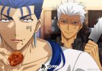  2boys akujiki59 anger_vein angry archer_(fate) blue_hair casual cu_chulainn_(fate) cu_chulainn_(fate/stay_night) dark-skinned_male dark_skin eating fate/stay_night fate_(series) food_in_mouth frown holding holding_knife knife long_hair male_focus multiple_boys official_style ponytail red_eyes short_hair spiked_hair upper_body white_hair 