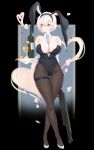  1girl absurdres alcohol animal_ears bangs bare_shoulders black_leotard blue_neckwear blush breasts card champagne champagne_bottle champagne_flute cleavage closed_mouth collar collarbone covered_navel crossed_legs cup detached_collar drinking_glass earrings elbow_gloves eyebrows_visible_through_hair fake_animal_ears full_body girls&#039;_frontline gloves groin gun hair_between_eyes handgun heart highres holding holding_gun holding_tray holding_weapon jewelry large_breasts legs leotard looking_at_viewer necktie oh_(aung_ae) pantyhose playboy_bunny rabbit_ears red_eyes rmb-93 rmb-93_(girls&#039;_frontline) short_hair shotgun skindentation smile solo standing strapless strapless_leotard thigh_gap thigh_strap tray weapon white_collar white_footwear white_gloves white_hair 