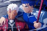  2boys akujiki59 anger_vein archer_(fate) arm_around_shoulder armor blood blood_from_mouth blood_on_face blue_bodysuit blue_hair bodysuit broken_armor cu_chulainn_(fate) cu_chulainn_(fate/stay_night) dark-skinned_male dark_skin fate/stay_night fate_(series) frown gae_bolg_(fate) holding holding_polearm holding_spear holding_weapon injury leaning_on_person male_focus multiple_boys nosebleed official_style pectorals polearm ponytail red_eyes short_hair spear spiked_hair toned toned_male upper_body weapon white_hair 