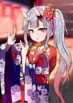  1girl :o blurry blurry_background colored_tips floral_print flower fox_shadow_puppet grey_hair hair_flower hair_ornament highres hololive horns japanese_clothes kanzashi kimono long_hair looking_at_viewer multicolored_hair nakiri_ayame red_eyes red_hair side_ponytail solo streaked_hair trap_(drthumt) upper_body virtual_youtuber wide_sleeves 
