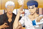  !? 3boys akujiki59 anger_vein apron archer_(fate) black_apron black_shirt blue_hair cu_chulainn_(fate) cu_chulainn_(fate/stay_night) dark-skinned_male dark_skin emiya_shirou fate/stay_night fate_(series) glaring looking_at_another male_cleavage male_focus milk multiple_boys official_style partially_unbuttoned ponytail red_eyes shirt short_hair spiked_hair toned toned_male upper_body white_hair white_shirt wide-eyed 