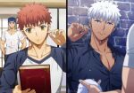  3boys akujiki59 alternate_hairstyle archer_(fate) black_shirt blue_hair book cu_chulainn_(fate) cu_chulainn_(fate/stay_night) dark-skinned_male dark_skin emiya_shirou fate/stay_night fate_(series) holding holding_book male_cleavage male_focus messy_hair multiple_boys official_style partially_unbuttoned pectorals ponytail red_eyes shirt short_hair spiked_hair toned toned_male wet wet_hair white_hair white_shirt 