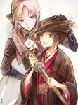  2girls ascot bangs black_hair blonde_hair bloodborne blue_eyes blush brown_hair closed_mouth crossover emma_the_gentle_blade gem gloves hair_bun hat hat_feather japanese_clothes kimono lady_maria_of_the_astral_clocktower long_hair long_sleeves looking_at_viewer multiple_girls ponytail sekiro:_shadows_die_twice shinshumen short_hair smile the_old_hunters tricorne updo white_hair 