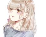  1girl :o bangs blonde_hair braid briar_rose_(sinoalice) close-up hair_between_eyes hair_ribbon hospital_gown looking_to_the_side open_mouth portrait ribbon rico_tta short_hair simple_background sinoalice teeth white_background yellow_eyes 