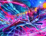  1girl autobot city dragon energy_sword highres holding holding_sword holding_weapon looking_at_viewer mecha moon night night_sky open_hand open_mouth outdoors science_fiction sky solo star_(sky) sword transformers weapon white_eyes windblade yasukuni_kazumasa 