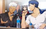  1girl 2boys akujiki59 alternate_costume anger_vein archer_(fate) black_shirt blue_hair bottle casual cu_chulainn_(fate) cu_chulainn_(fate/stay_night) dark-skinned_male dark_skin fate/stay_night fate_(series) male_cleavage male_focus microphone multiple_boys official_style partially_unbuttoned pectorals pen ponytail red_eyes shirt short_hair spiked_hair tohsaka_rin toned toned_male upper_body white_hair white_shirt 