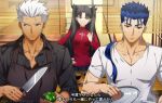  1girl 2boys akujiki59 apron archer_(fate) black_apron blue_hair casual cooking cu_chulainn_(fate) cu_chulainn_(fate/stay_night) dark-skinned_male dark_skin fate/stay_night fate_(series) green_pepper holding holding_knife knife male_cleavage multiple_boys official_style pectorals ponytail red_eyes shirt short_hair spiked_hair subtitled sweatdrop tohsaka_rin toned toned_male translation_request twintails v-neck white_hair white_shirt 