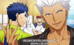  3boys akujiki59 anger_vein archer_(fate) blue_hair broken cu_chulainn_(fate) cu_chulainn_(fate/stay_night) dark-skinned_male dark_skin emiya_shirou fate/stay_night fate_(series) hawaiian_shirt looking_at_another male_focus multiple_boys official_alternate_costume official_style plate ponytail red_eyes shirt short_hair spiked_hair subtitled toned toned_male translation_request upper_body white_hair 